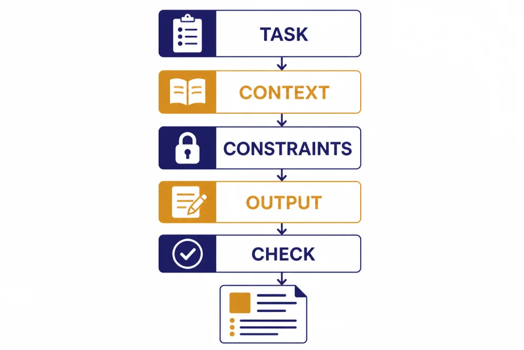 Vertical prompt template blocks labeled TASK, CONTEXT, CONSTRAINTS, OUTPUT, CHECK leading to an answer sheet.