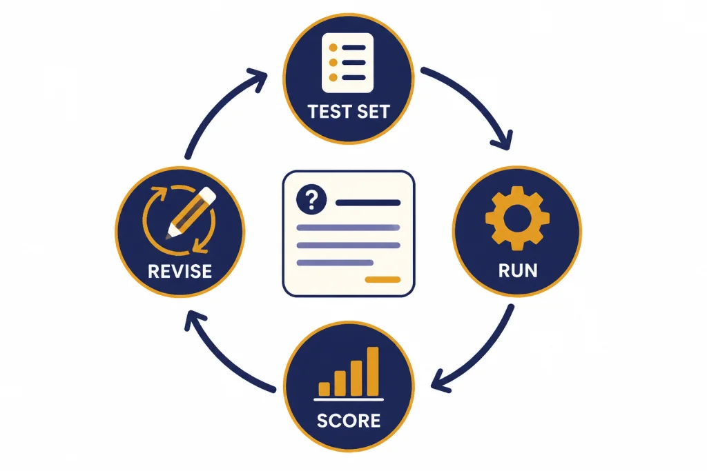 Circular evaluation loop labeled TEST SET, RUN, SCORE, and REVISE around a central prompt card.