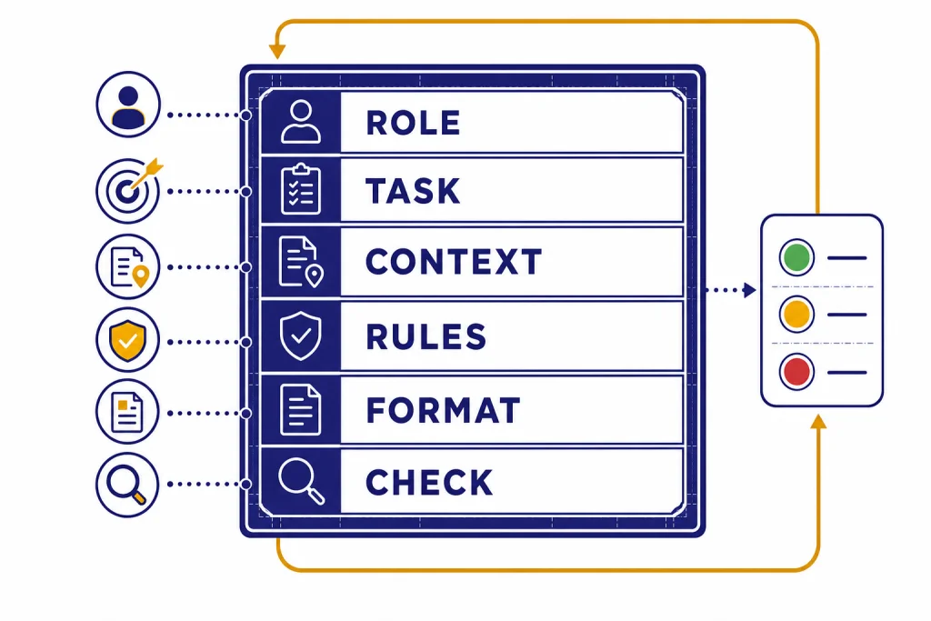 Six-Part Prompt Blueprint Prompt blueprint panel with rows labeled ROLE, TASK, CONTEXT, RULES, FORMAT, and CHECK plus a feedback arrow.