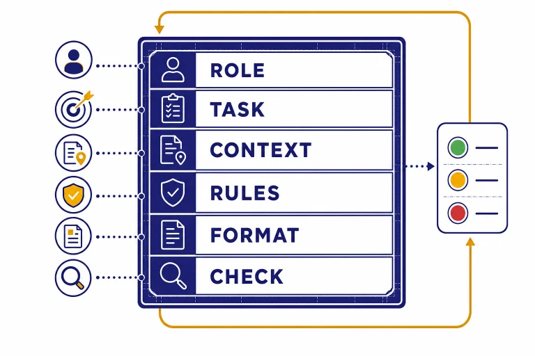 Prompt blueprint panel with rows labeled ROLE, TASK, CONTEXT, RULES, FORMAT, and CHECK plus a feedback arrow.