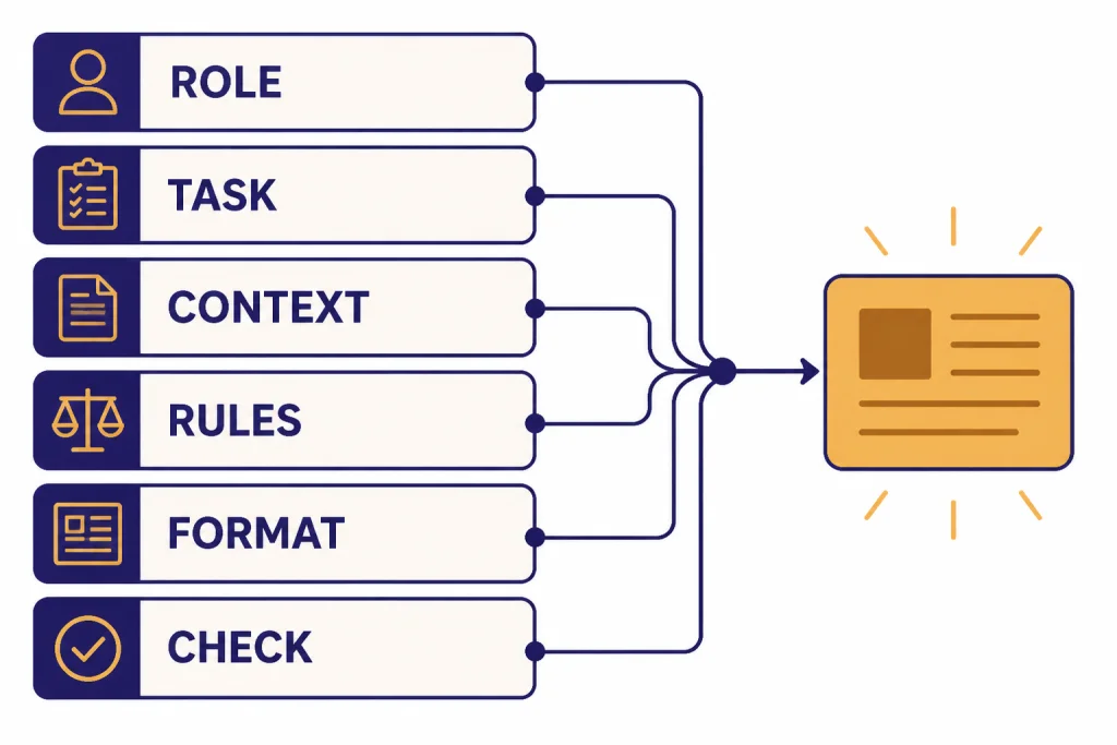 Six stacked prompt slots labeled ROLE, TASK, CONTEXT, RULES, FORMAT, and CHECK feeding one output box.