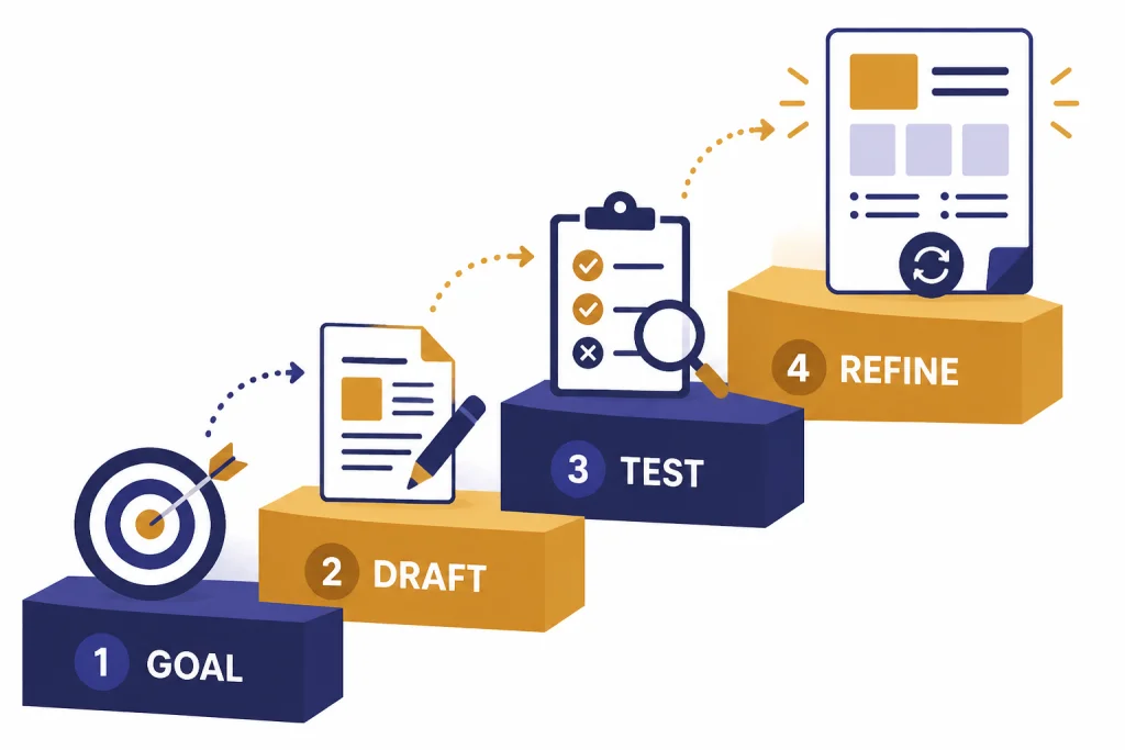 Four-step staircase labeled GOAL, DRAFT, TEST, and REFINE ending in a reusable template card.