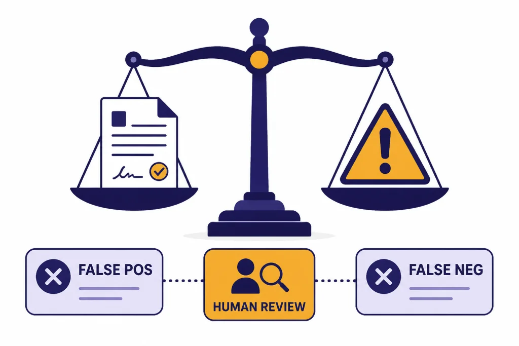 Balanced scale with error cards labeled FALSE POS, FALSE NEG, and HUMAN REVIEW.
