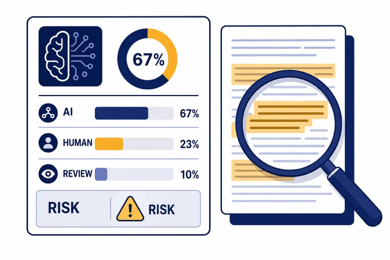 AI detection report card with bars labeled AI, HUMAN, REVIEW, and RISK plus a magnifying glass.