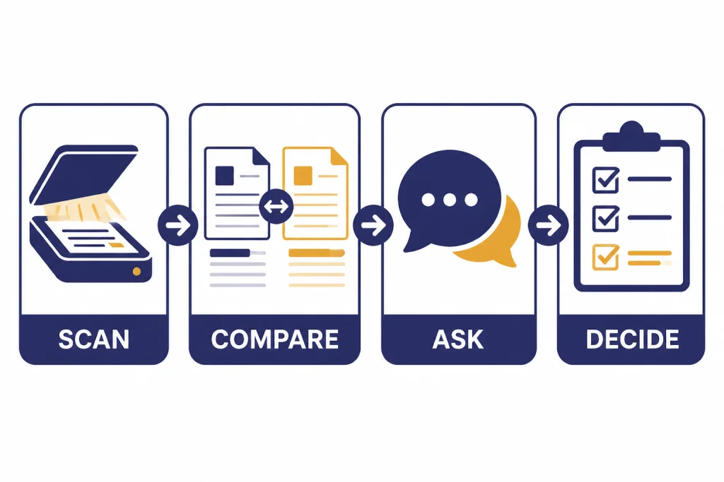 Four-step workflow cards labeled SCAN, COMPARE, ASK, and DECIDE.