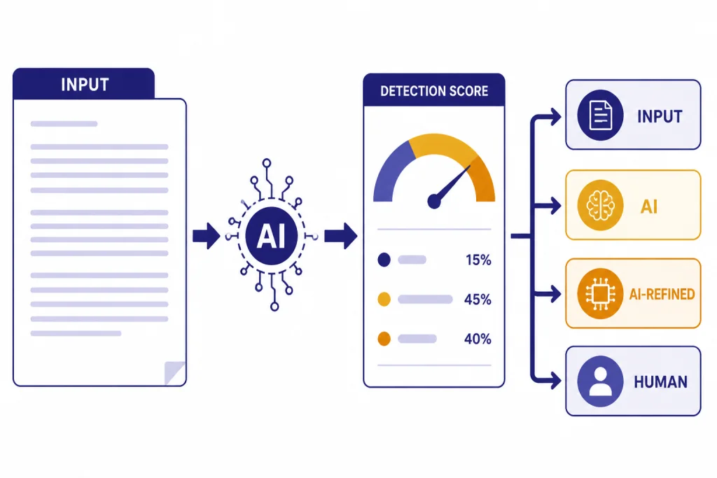Detector interface with INPUT text box and outputs labeled AI, AI-REFINED, and HUMAN.