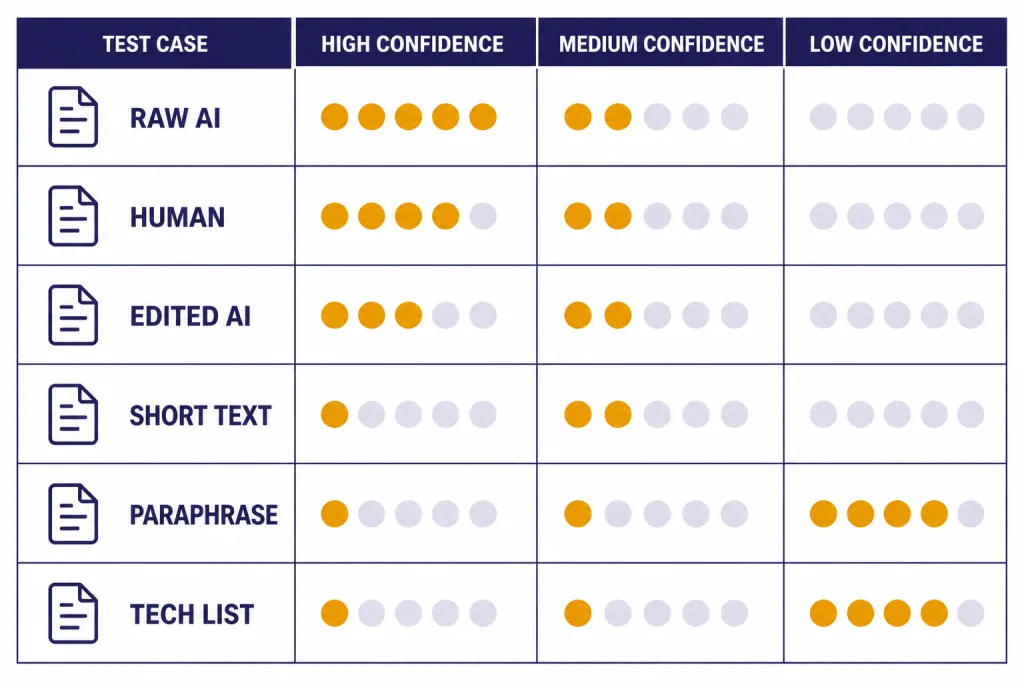 Test matrix with rows labeled RAW AI, HUMAN, EDITED AI, SHORT TEXT, PARAPHRASE, and TECH LIST.