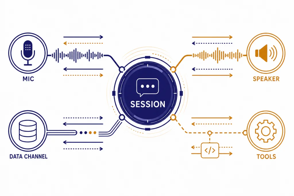 Realtime Session Overview Realtime session hub connected to labels MIC, SESSION, TOOLS, and SPEAKER with bidirectional streaming lines.