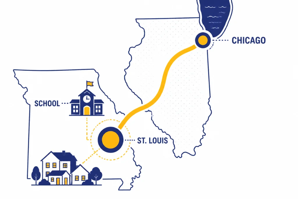Map diagram with CHICAGO and ST. LOUIS nodes connected by a path and a SCHOOL icon near St. Louis.