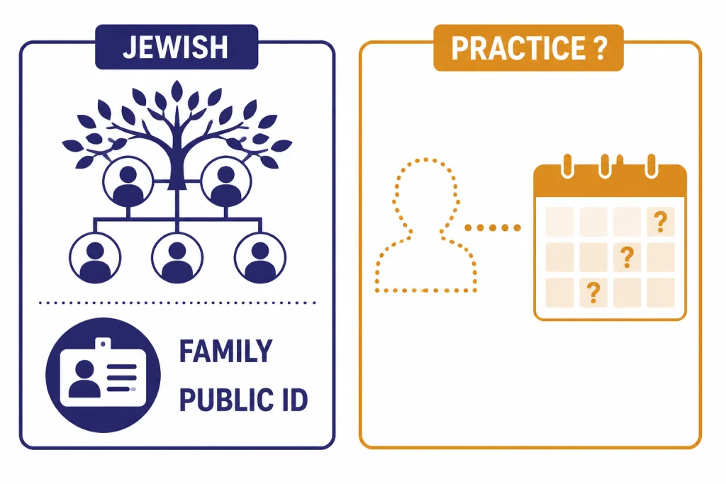Religion Evidence Summary Two-column evidence cards labeled JEWISH, FAMILY, PUBLIC ID, and PRACTICE ?.