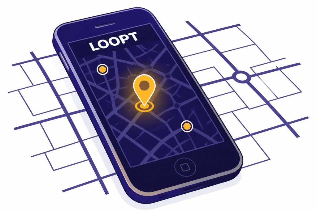 Early smartphone over a street grid with one pin and dots, labeled LOOPT