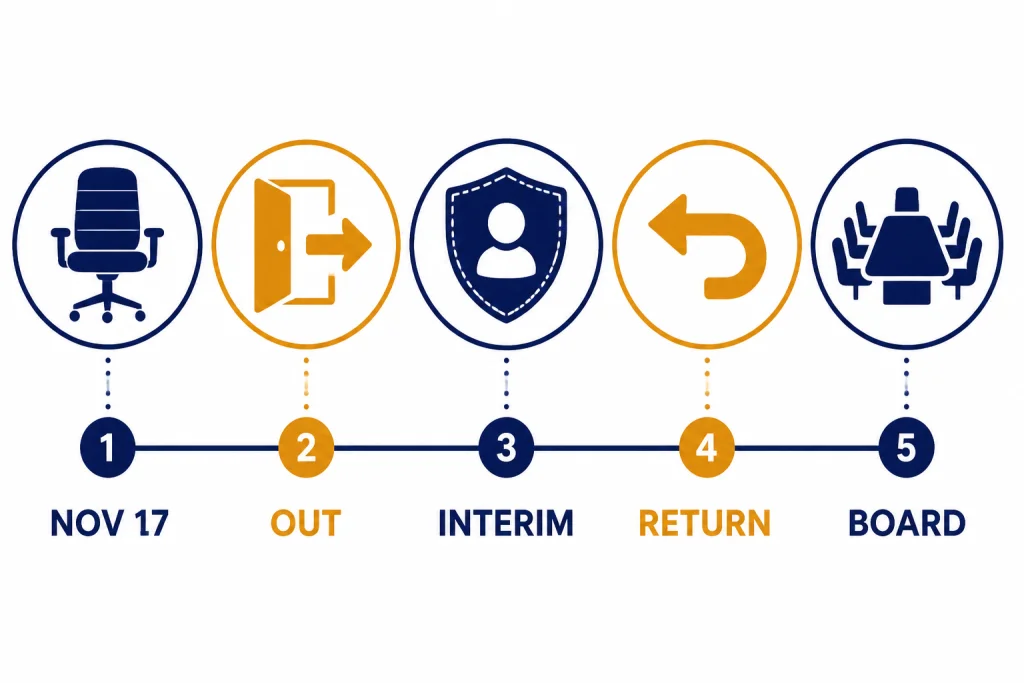 Five-step horizontal timeline labeled NOV 17, OUT, INTERIM, RETURN, and BOARD
