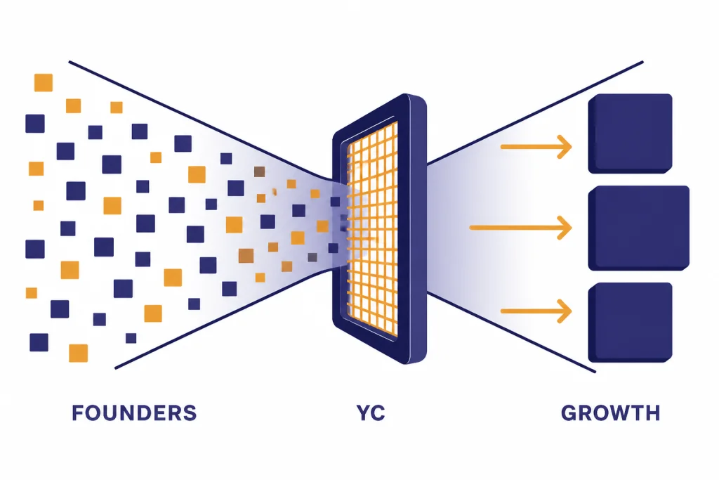Funnel diagram with startup squares entering a gate labeled YC and larger blocks exiting toward GROWTH