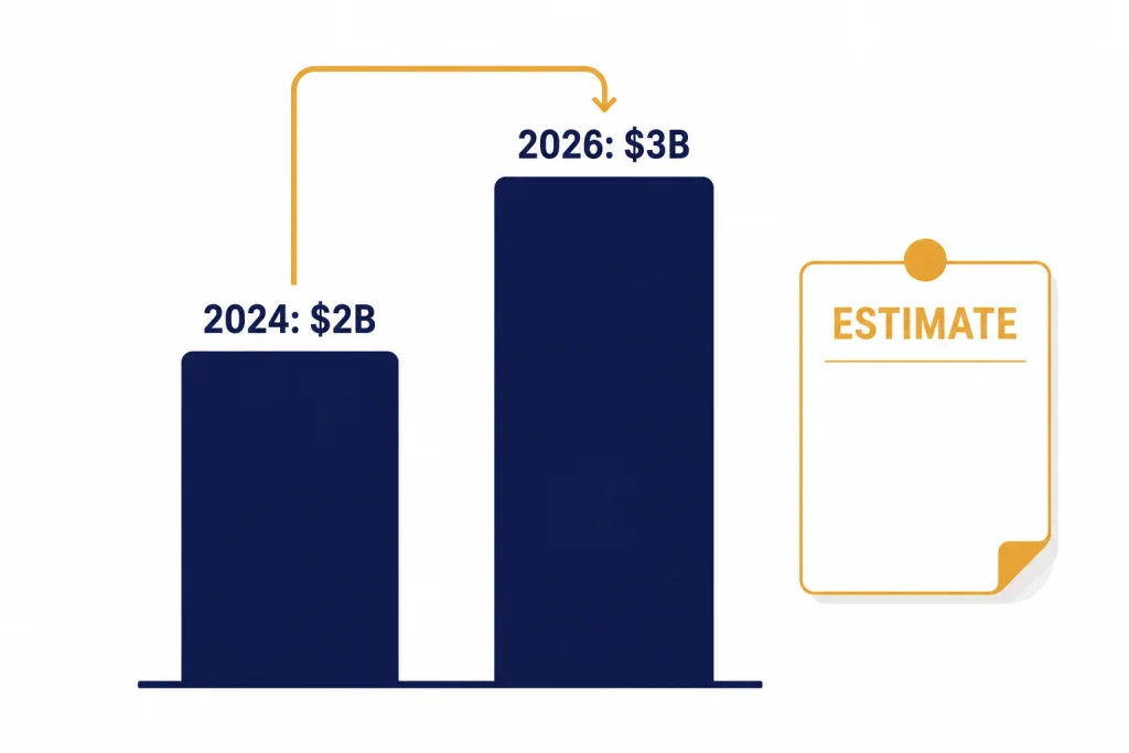 Two estimate bars labeled 2024: $2B and 2026: $3B with a small ESTIMATE note card