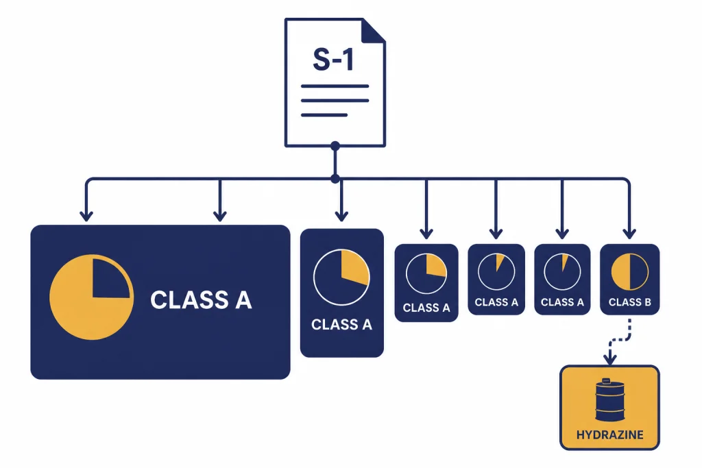 Cap-table style diagram with an S-1 document feeding CLASS A, CLASS B, and HYDRAZINE share blocks