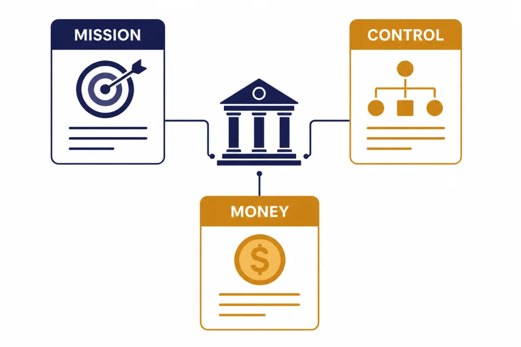 Three cards labeled MISSION, CONTROL, and MONEY connected to a courthouse icon.