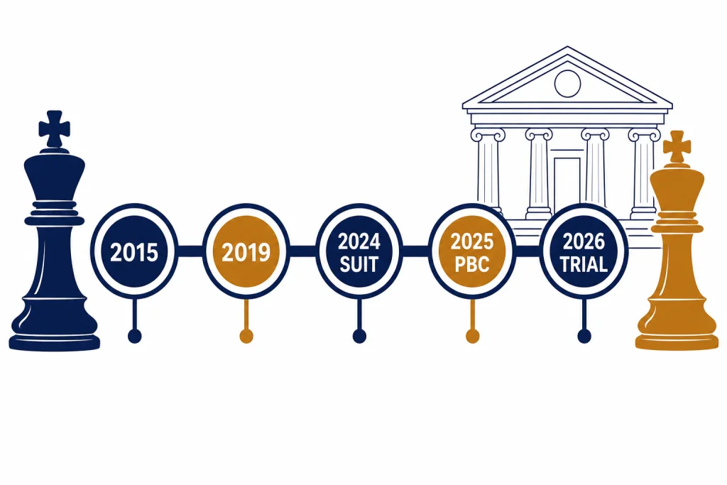 OpenAI Feud Timeline Timeline board labeled 2015, 2019, 2024 SUIT, 2025 PBC, and 2026 TRIAL between two chess pieces.