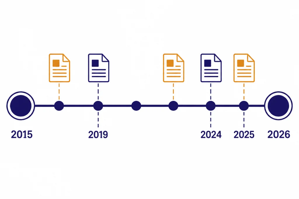 Horizontal timeline labeled 2015, 2019, 2024, 2025, and 2026 with document icons on key points.