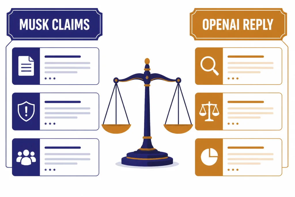 Courtroom board with columns labeled MUSK CLAIMS and OPENAI REPLY on either side of balanced scales.