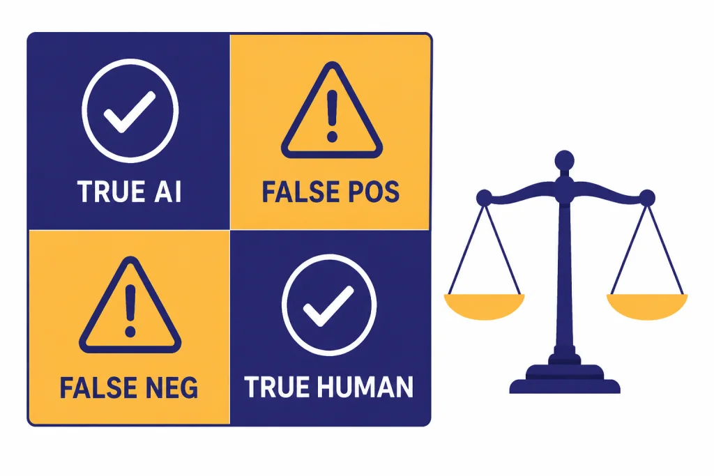 Four-cell confusion matrix labeled TRUE AI, TRUE HUMAN, FALSE POS, and FALSE NEG with a scale.