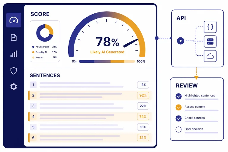 Detector dashboard with gauge, sentence rows, API panel, and labels SCORE, SENTENCES, API, REVIEW.