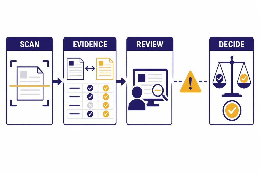 Four-step workflow labeled SCAN, EVIDENCE, REVIEW, and DECIDE with a warning triangle.