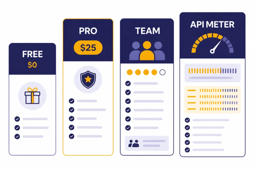 Sapling Pricing Cards Four pricing cards labeled FREE $0, PRO $25, TEAM, and API METER.