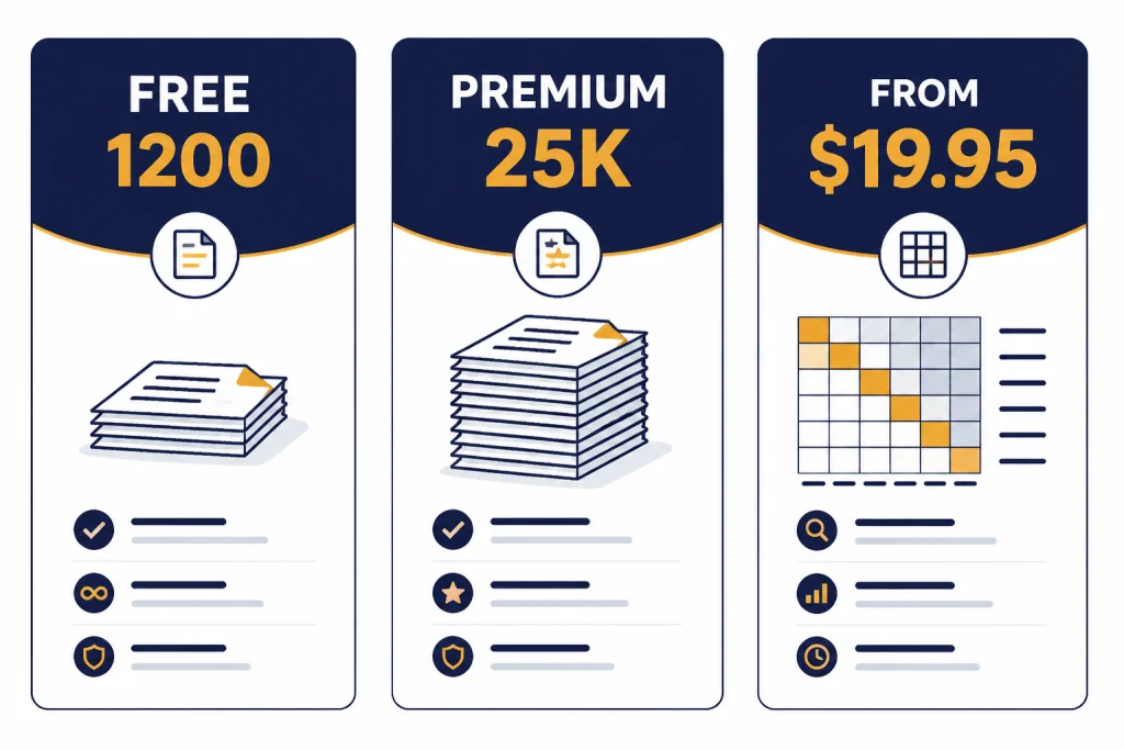 Free And Premium Limits Three cards labeled FREE 1200, PREMIUM 25K, and FROM $19.95 comparing detector limits and pricing.
