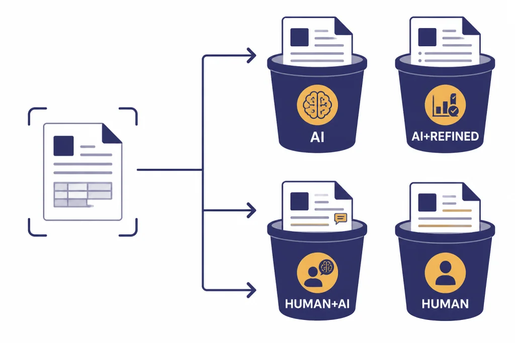 AI Report Categories Four report buckets labeled AI, AI+REFINED, HUMAN+AI, and HUMAN fed by one scanned document.