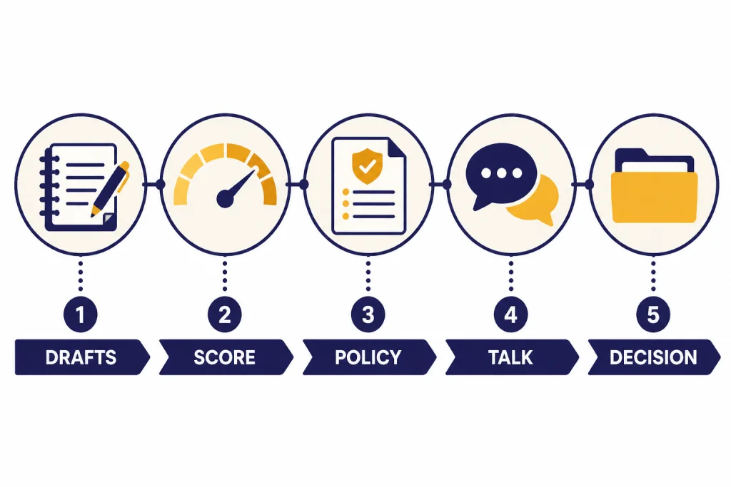 Safe Detector Workflow Five-step workflow labeled DRAFTS, SCORE, POLICY, TALK, and DECISION for reviewing an AI score.