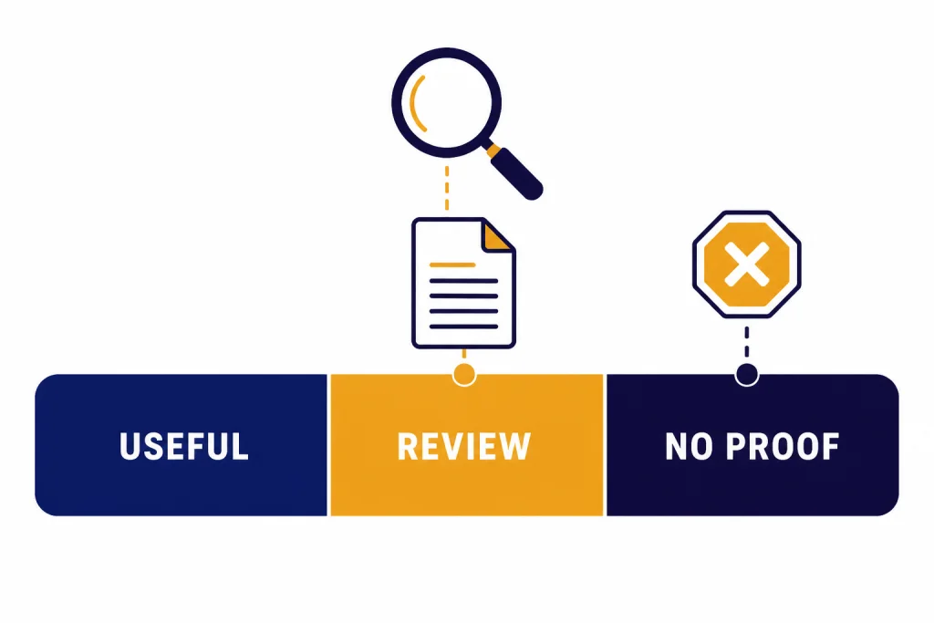 Verdict scale labeled USEFUL, REVIEW, and NO PROOF with a document in the review zone.