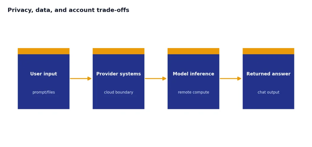 Process flow: User input, Provider systems, Model inference, Returned answer for cloud AI prompts and files.