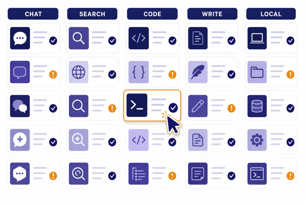 ChatGPT Alternative App Matrix Dashboard with fifteen app cards grouped under CHAT, SEARCH, CODE, WRITE, and LOCAL lanes.