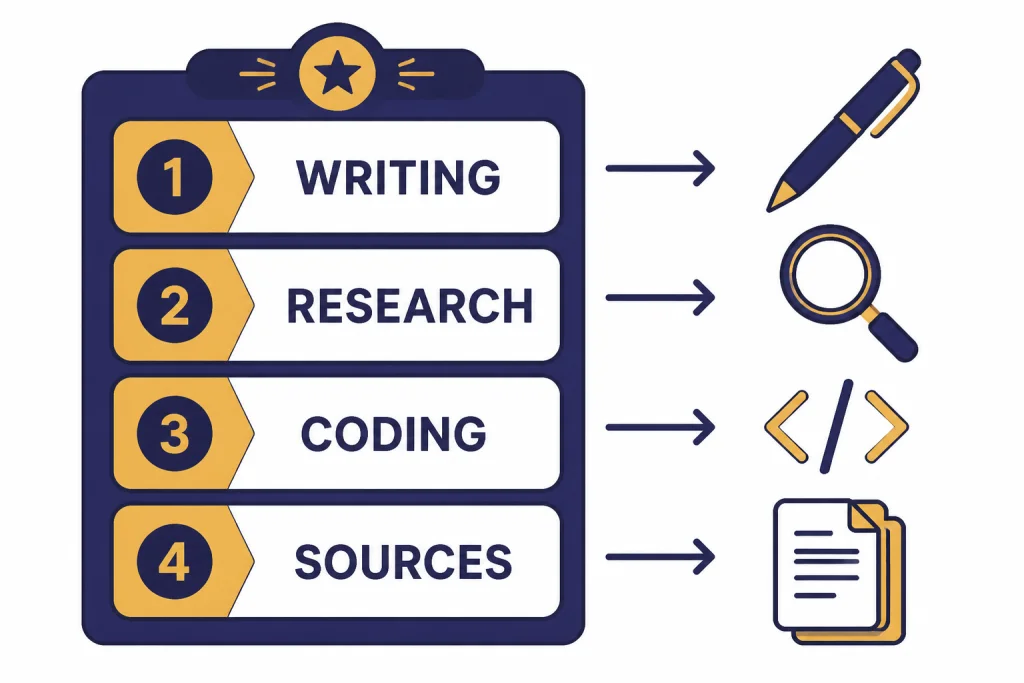 Quick-picks board with tiles labeled WRITING, RESEARCH, CODING, and SOURCES linked to task icons.