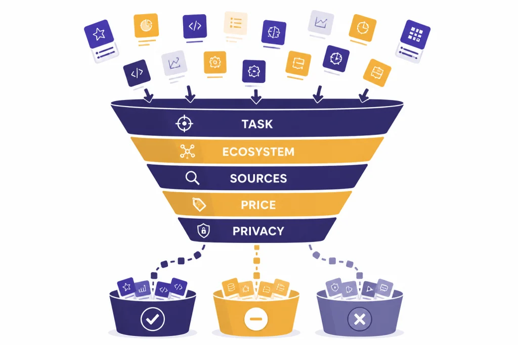 Alternative Selection Funnel Decision funnel with gates labeled TASK, ECOSYSTEM, SOURCES, PRICE, and PRIVACY.
