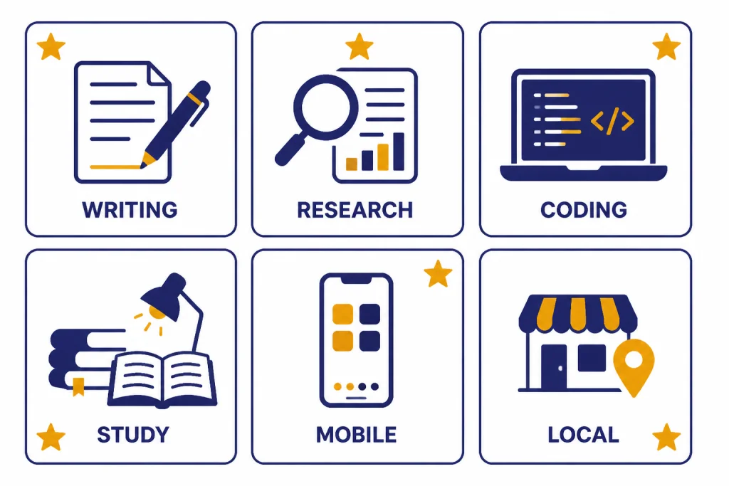 Use Case Grid Use-case grid with panels labeled WRITING, RESEARCH, CODING, STUDY, MOBILE, and LOCAL.