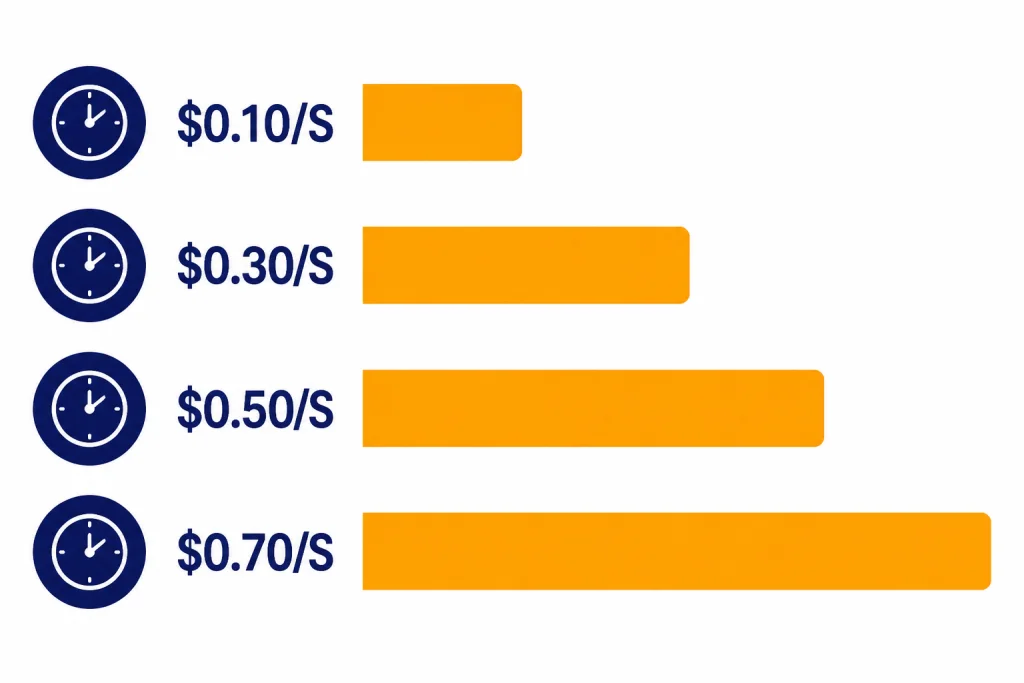 Sora API Price Bars Four horizontal pricing bars labeled $0.10/S, $0.30/S, $0.50/S, and $0.70/S.