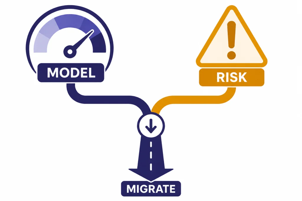 Capability Platform Split Decision diagram with labels MODEL, RISK, and MIGRATE around a gauge, warning triangle, and forked path.