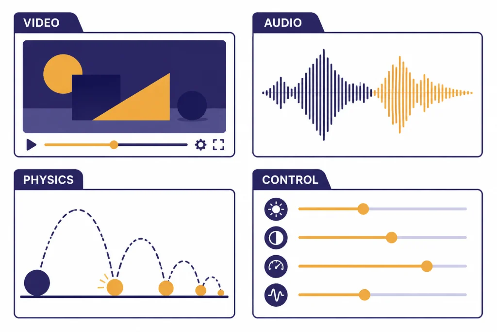 Four feature tiles labeled VIDEO, AUDIO, PHYSICS, and CONTROL.
