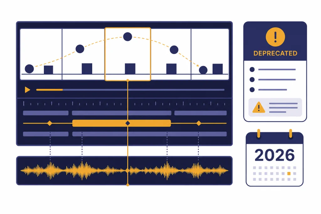 Sora 2 Video Overview Video timeline with waveform, physics arcs, and a side card labeled DEPRECATED with calendar label 2026.