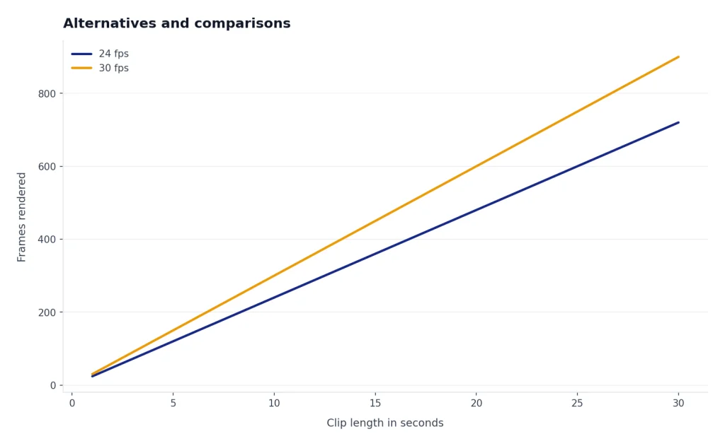 Line chart with 24 fps and 30 fps rising linearly from 1 to 30 seconds, ending at 720 and 900 frames.