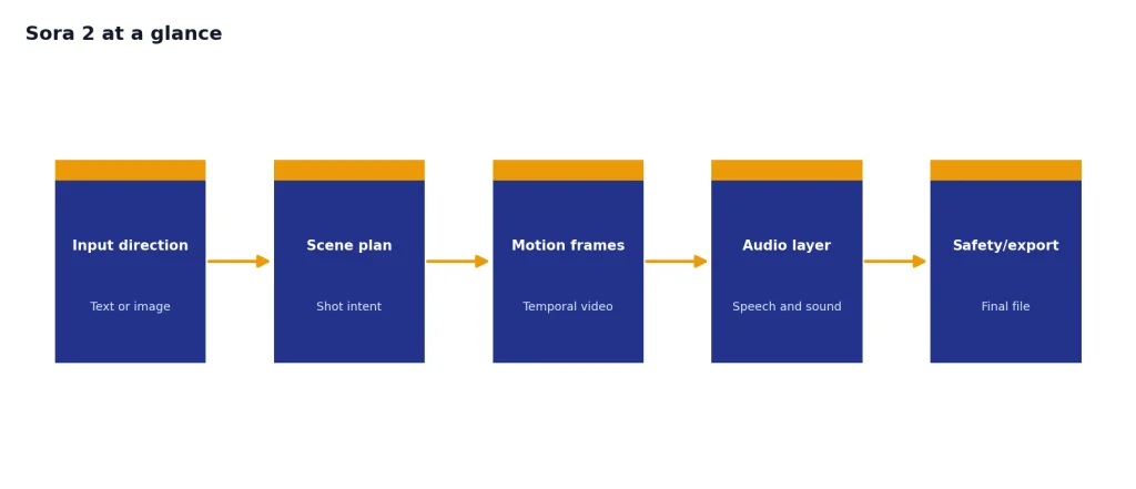 Process with 5 stages: Input direction, Scene plan, Motion frames, Audio layer, Safety/export.