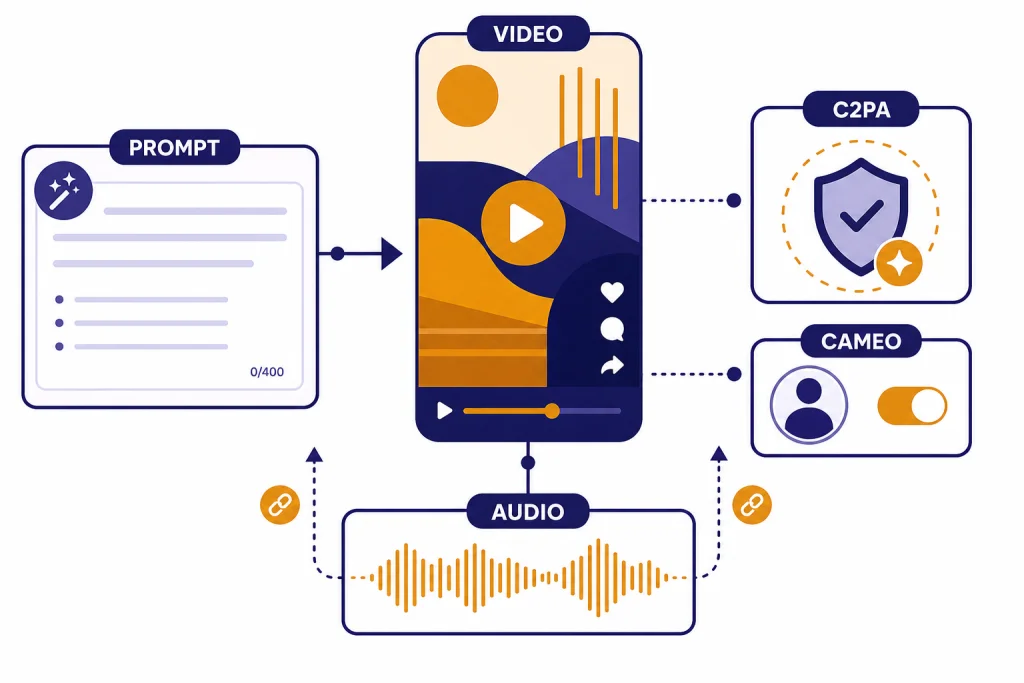 Sora 2 Launch Overview Dashboard with labels PROMPT, VIDEO, AUDIO, CAMEO, and C2PA around a vertical video card.