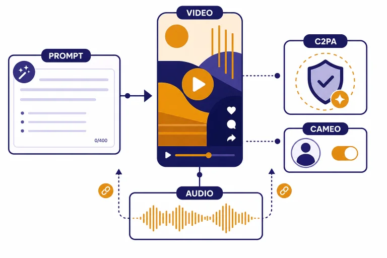 Dashboard with labels PROMPT, VIDEO, AUDIO, CAMEO, and C2PA around a vertical video card.