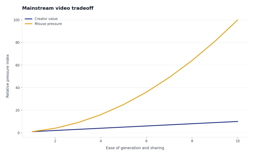 Mainstream Video Tradeoff Line chart: Creator value climbs 1 to 10 while Misuse pressure curves 1 to 100 as ease rises 1 to 10.