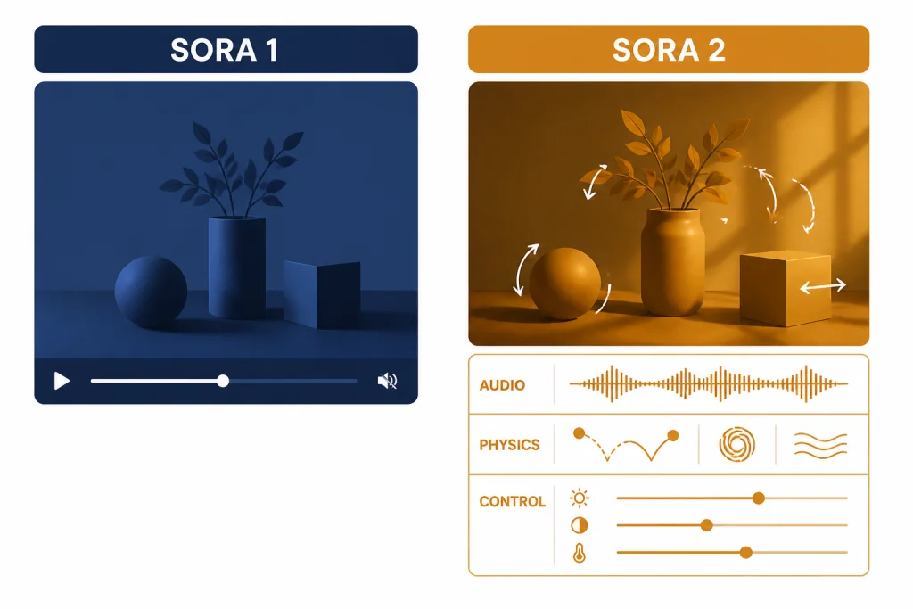 Comparison board labeled SORA 1 and SORA 2 with AUDIO, PHYSICS, and CONTROL elements.