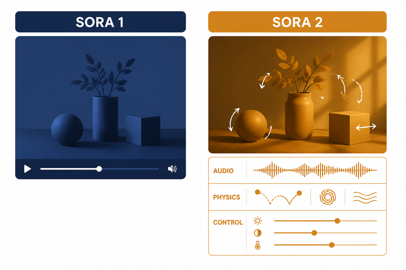 Comparison board labeled SORA 1 and SORA 2 with AUDIO, PHYSICS, and CONTROL elements.