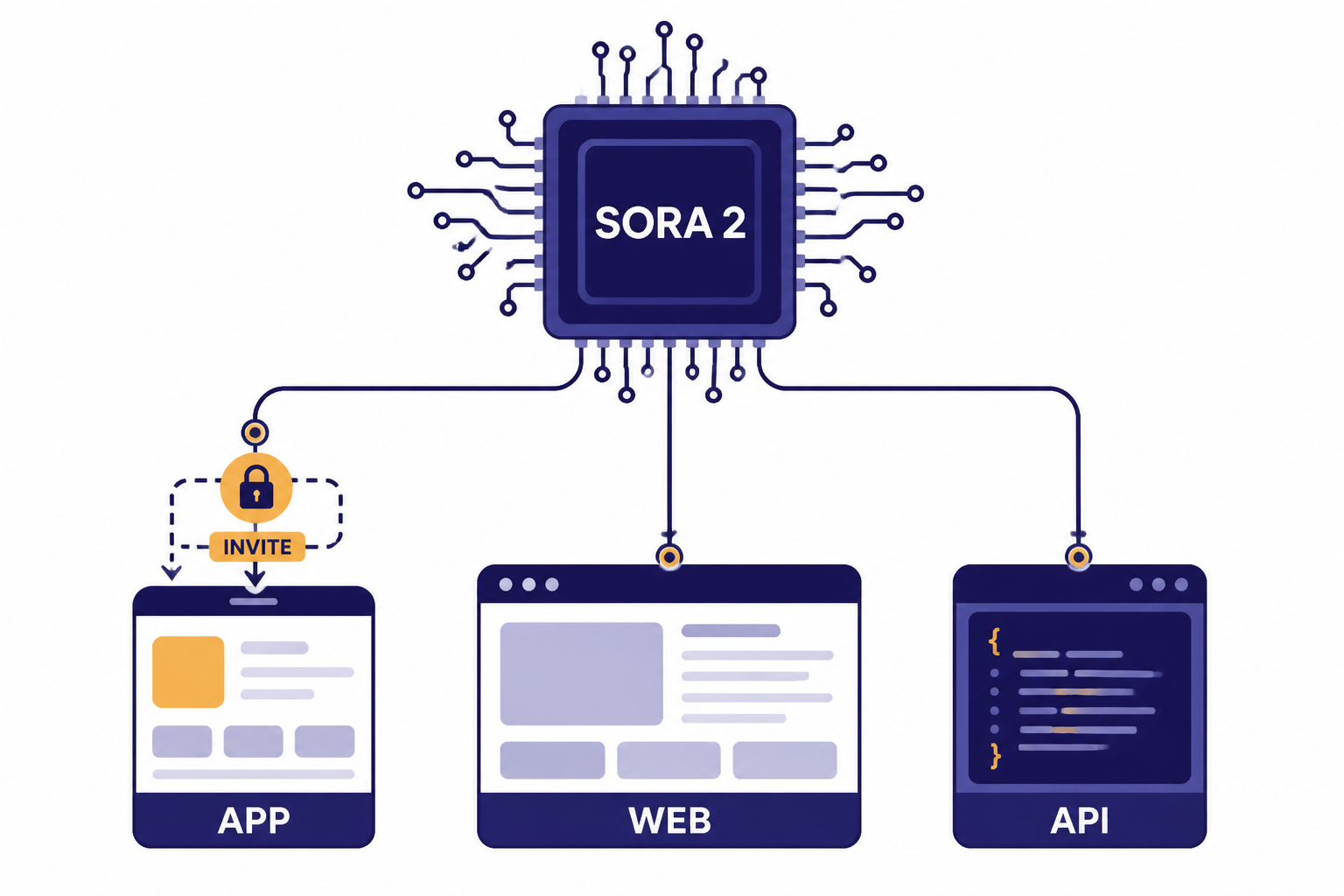Launch package diagram labeled SORA 2, APP, WEB, API, and INVITE with connected cards.