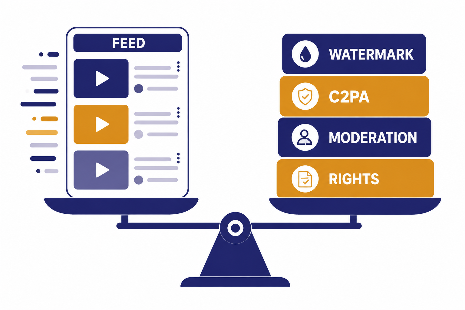 Risk-control diagram labeled FEED, WATERMARK, C2PA, MODERATION, and RIGHTS.