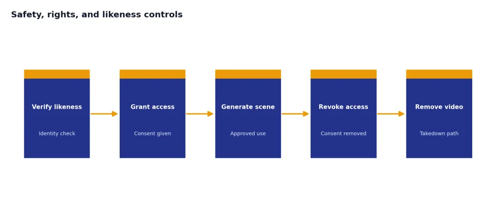Process with 5 stages: Verify likeness, Grant access, Generate scene, Revoke access, Remove video.